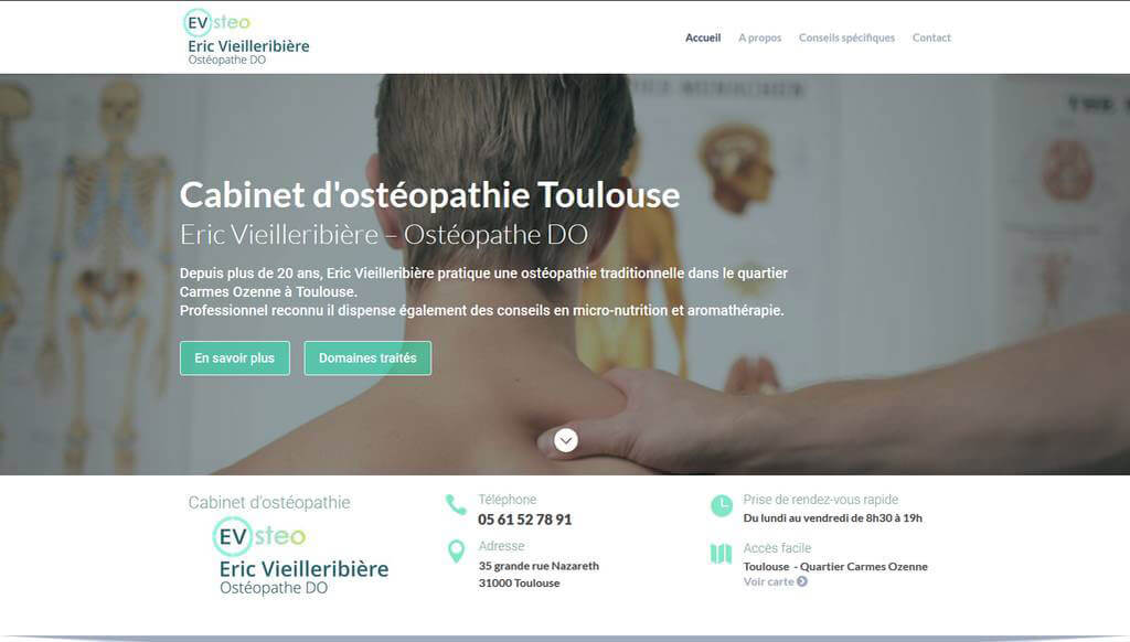 Site web du Cabinet d'ostéopathie Eric Vieilleribière à Toulouse - Création SyBprod